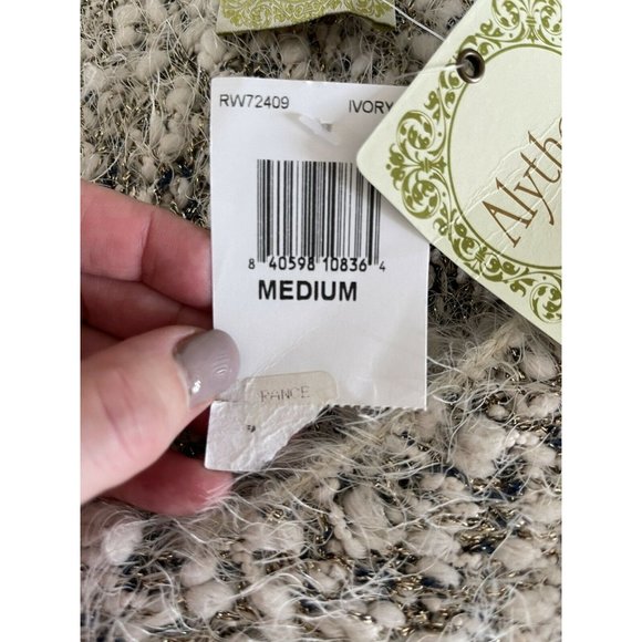 Alythea Metallic Fuzzy V-Neck Tunic‎ Sweater Bloomingdales NWT Medium Ivory - Picture 3 of 8